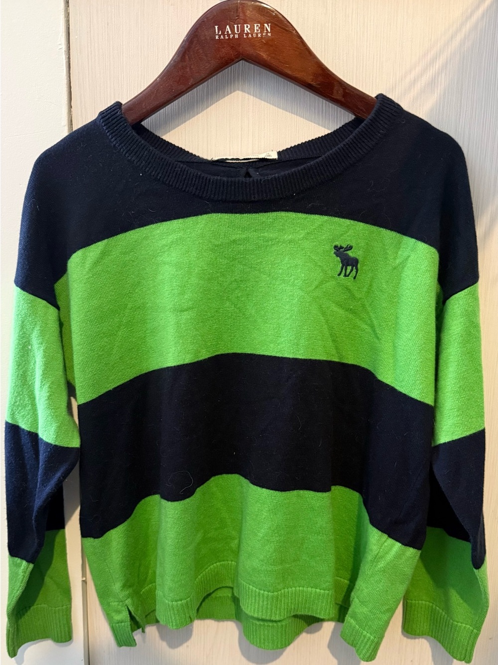 Vintage Abercrombie & Fitch Neon Green and Navy Striped Crewneck bow tie Sweater